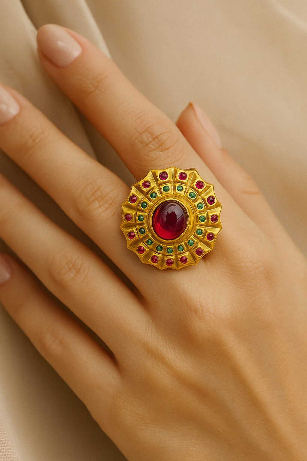 Antique Ruby Green Adjustable Ring – Traditional Gold Finish